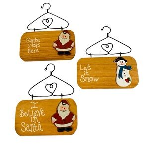3 VTG Country Christmas Ornaments Wood Plaques Santa & Snowman w Metal Hangers